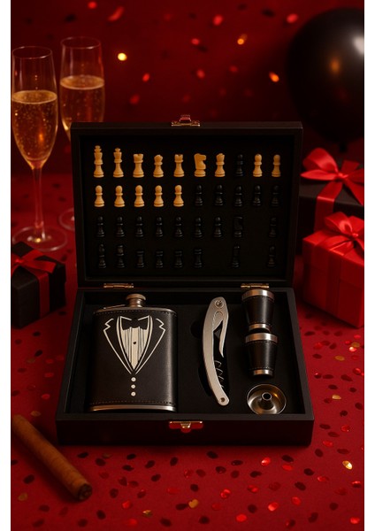 Ahşap Kutusunda Çelik Matara - Çakı - Satranç Takımı - Deri Kaplamalı Çelik Matara Hediye Seti fiyatları