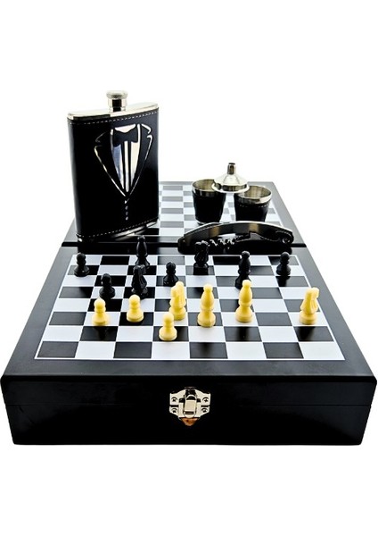 Ahşap Kutusunda Çelik Matara - Çakı - Satranç Takımı - Deri Kaplamalı Çelik Matara Hediye Seti modelleri