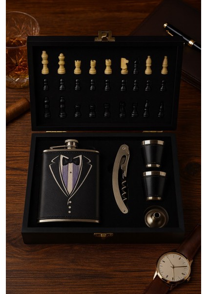 Ahşap Kutusunda Çelik Matara - Çakı - Satranç Takımı - Deri Kaplamalı Çelik Matara Hediye Seti fırsatları