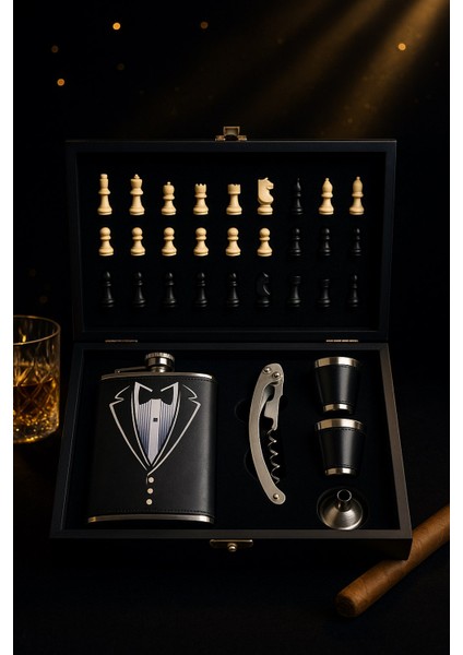 Ahşap Kutusunda Çelik Matara - Çakı - Satranç Takımı - Deri Kaplamalı Çelik Matara Hediye Seti indirimleri