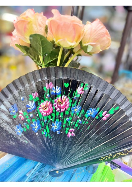 Yelpaze Bambu Çift Taraflı Çiçekli El Boyama Siyah