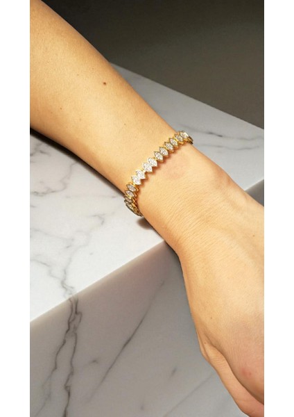 Premium Paslanmaz Çelik 14K Altın Kaplama Oval Model Zirkon Taşlı Gold Bileklik