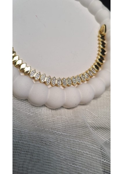 Premium Paslanmaz Çelik 14K Altın Kaplama Oval Model Zirkon Taşlı Gold Bileklik fırsatları