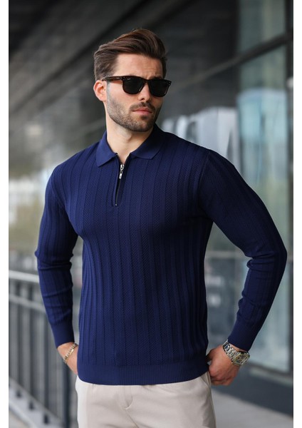 Lacivert Yarım Fermuarlı Polo Yaka Triko Kazak E7426