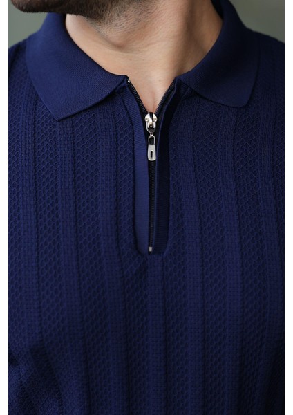 Lacivert Yarım Fermuarlı Polo Yaka Triko Kazak E7426 fiyatları
