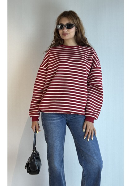 Kadın Bisiklet Yaka Çizgili Uzun Kol Oversize Sweatshirt