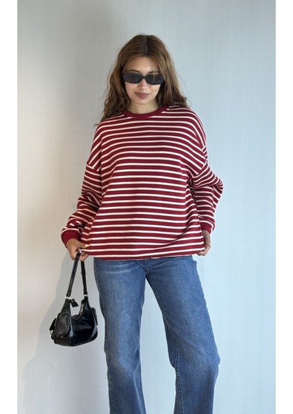 Kadın Bisiklet Yaka Çizgili Uzun Kol Oversize Sweatshirt modelleri