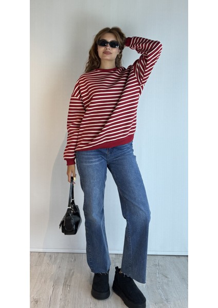 Kadın Bisiklet Yaka Çizgili Uzun Kol Oversize Sweatshirt fırsatları