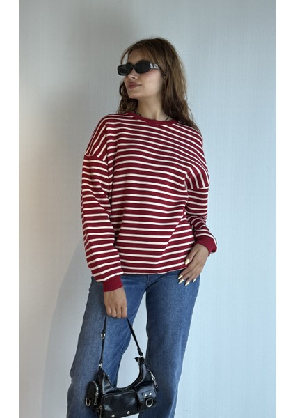 Kadın Bisiklet Yaka Çizgili Uzun Kol Oversize Sweatshirt indirimleri