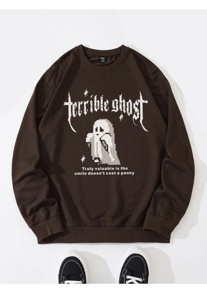 Unisex Terrible Ghost Baskılı Oversize Sweatshirt