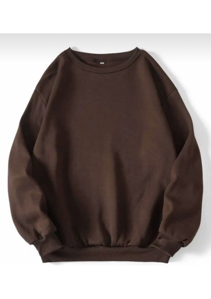 Unisex Kahverengi Pamuklu Bisiklet Yaka Sweatshirt