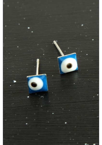 Wizard Mavi Renkli Kare Nazar Mineli Minik Küpe 1 Çift-Mavi