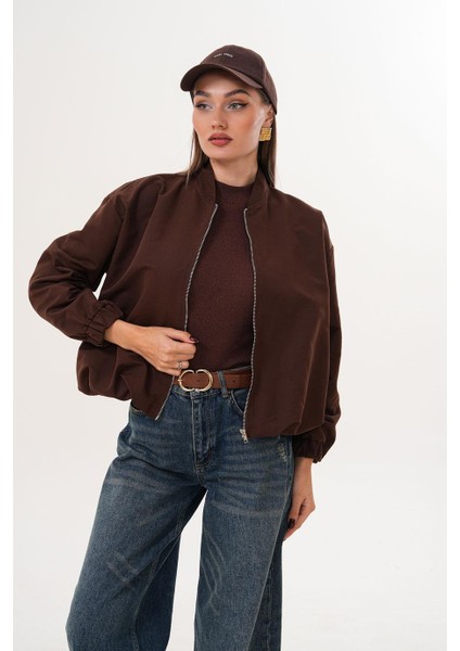 Hakim Yaka Fermuarlı Beli Lastikli Kahverengi Mont SRP1190