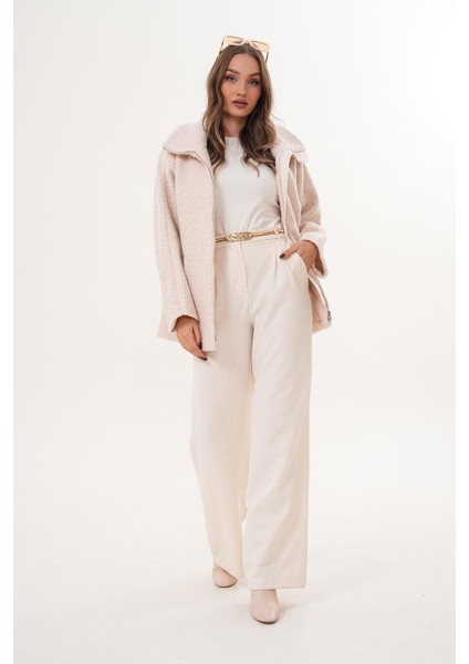 Ön Fermuarlı Biyeli Uzun Kıvırcık Krem Mont SRP1200 fiyatları