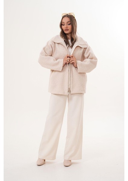 Ön Fermuarlı Biyeli Uzun Kıvırcık Krem Mont SRP1200 fırsatları