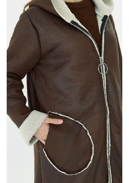 Kapüşonlu Içi Kürklü Nubuk Uzun Kaban Kahve modelleri