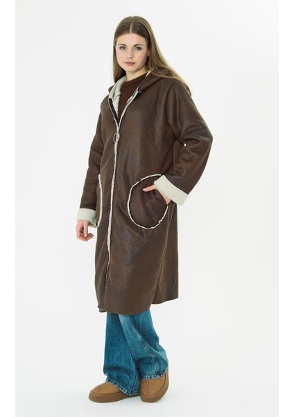 Kapüşonlu Içi Kürklü Nubuk Uzun Kaban Kahve fırsatları