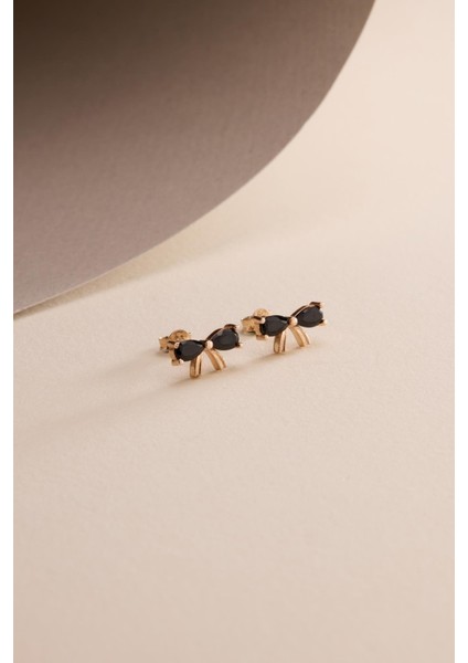 925 Ayar Gümüş Rose Kaplama Siyah Taşlı Papyon Model Küpe