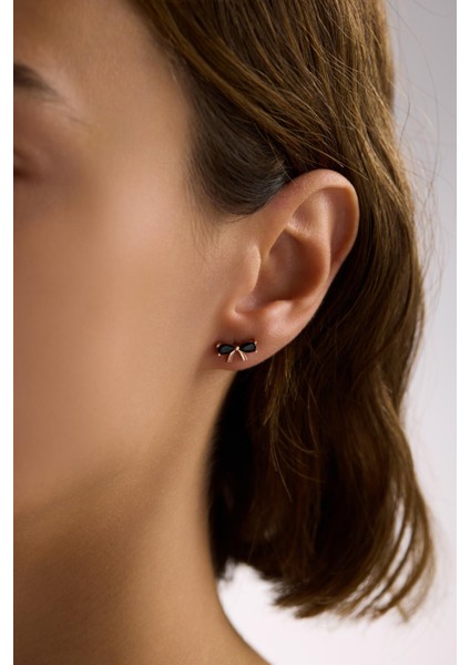 925 Ayar Gümüş Rose Kaplama Siyah Taşlı Papyon Model Küpe modelleri