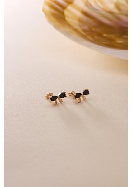 925 Ayar Gümüş Rose Kaplama Siyah Taşlı Papyon Model Küpe fırsatları