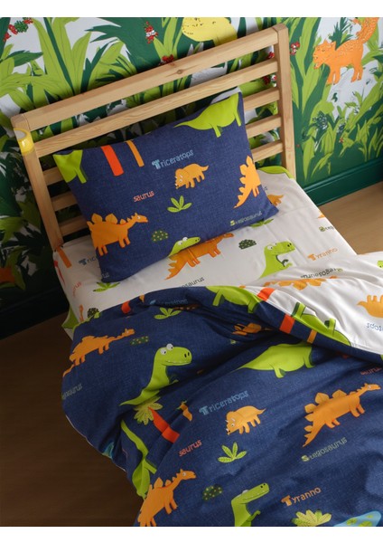 Kolay Ütülenir Nevresim Takımı Tek Kişilik Dinoland Lacivert