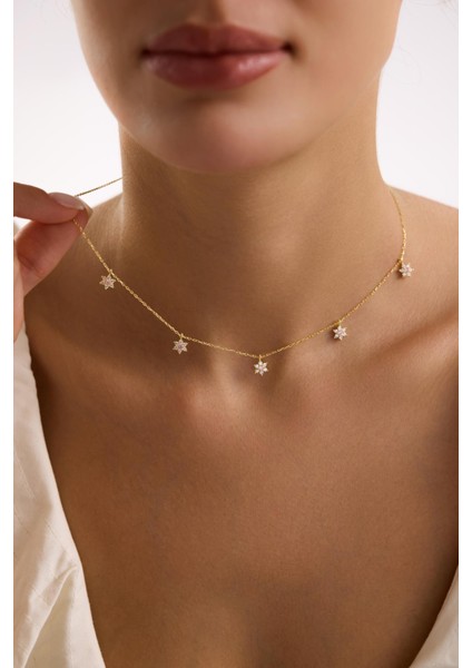 925 Ayar Gümüş Gold Kaplama Pembe Taşlı Minimal Çiçek Şans Kolye