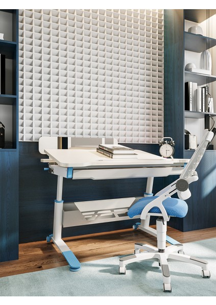Sirius Advanced Ergonomik Geniş Çalışma Masası, Eğim Verilebilir Masa ve Sandalye - Ekru/Mavi