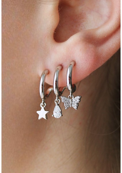 Vip Çelik Zirkon Taş Işleme Üçlü Görünümlü Kelebek, Yıldız, Damla Detaylı Küpe