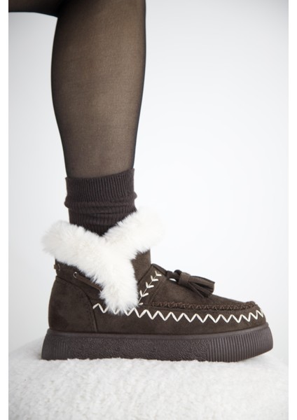 219851142-10P Kadın Yumuşak Rahat Kürklü Bot - Tekstil Süet Kışlık Kahve Bot
