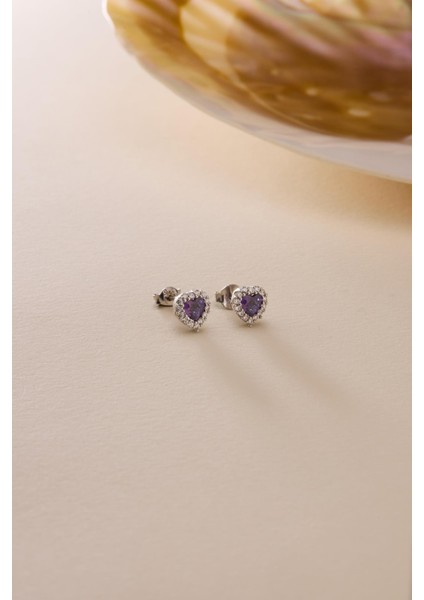 925 Ayar Gümüş Rodyum Kaplama Mor Taşlı Kalp Model Küpe fiyatları