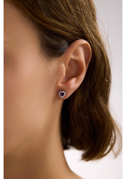 925 Ayar Gümüş Rodyum Kaplama Mor Taşlı Kalp Model Küpe modelleri