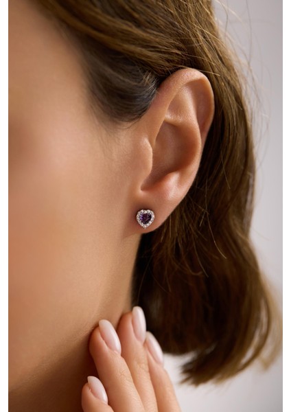 925 Ayar Gümüş Rodyum Kaplama Mor Taşlı Kalp Model Küpe indirimleri