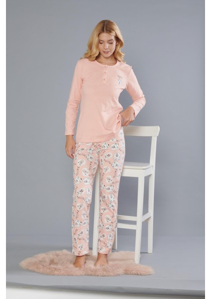 Kadın Pamuk Sevimli Desen Uzun Kollu Kışlık Pijama Takımı 09-276