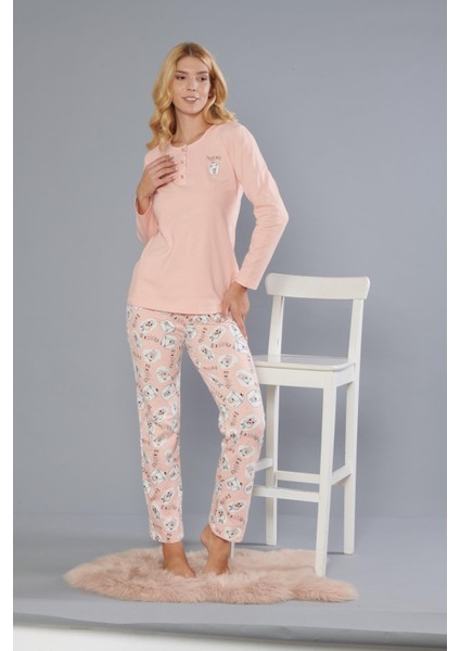 Kadın Pamuk Sevimli Desen Uzun Kollu Kışlık Pijama Takımı 09-276 fiyatları