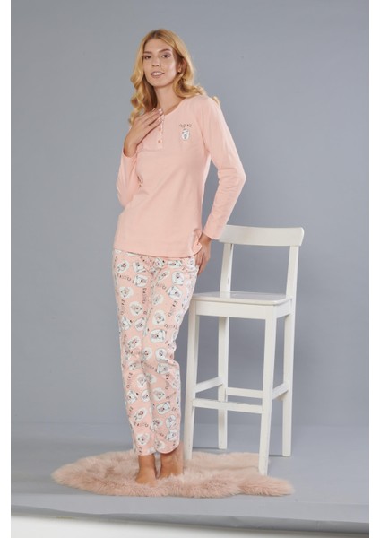 Kadın Pamuk Sevimli Desen Uzun Kollu Kışlık Pijama Takımı 09-276 modelleri