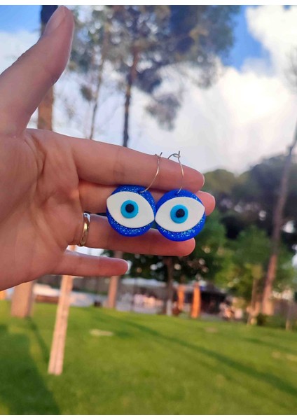 Nazar Boncuğu Göz Temalı El Yapımı Mavi Halkalı Özel Tasarım Küpe