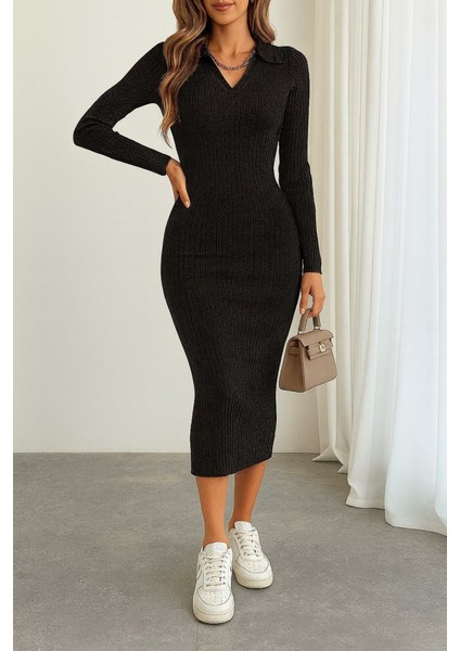 Kadın V Yaka Detay Triko Elbise