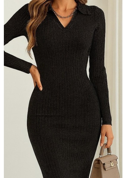 Kadın V Yaka Detay Triko Elbise fiyatları