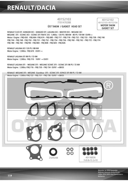 Motor Takım Conta Skc Siz Megane I-Iı Scenıc I-Iı Clıo Iı-Laguna I-Iı Kangoo 96> Vivaro A-Movano A-Carısma-Space Star Mpv-Primera Volvo S40 96> 1.9dci F9Q