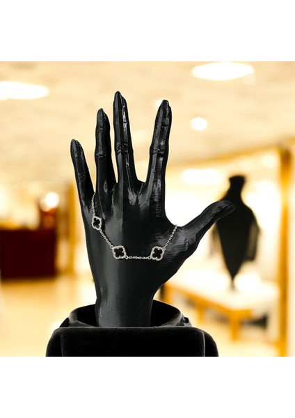 925 Ayar Gümüş Siyah Taşlı Şanslı Yonca Van Cleef Zirkon Taşlı Bileklik