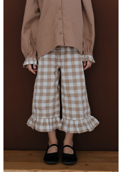 Mabel Krem Beyaz Ekoseli Fırfırlı Geniş Paça Pantolon