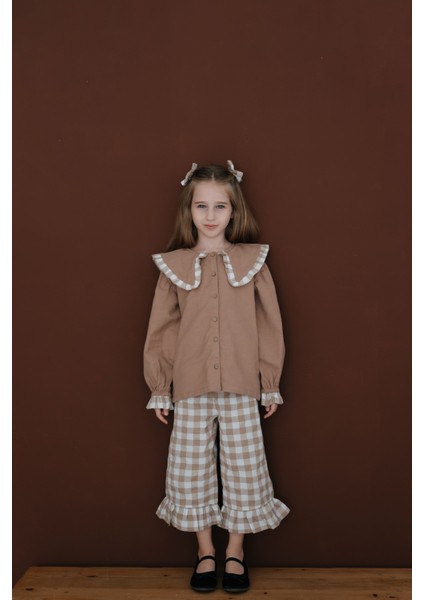 Mabel Krem Beyaz Ekoseli Fırfırlı Geniş Paça Pantolon fiyatları