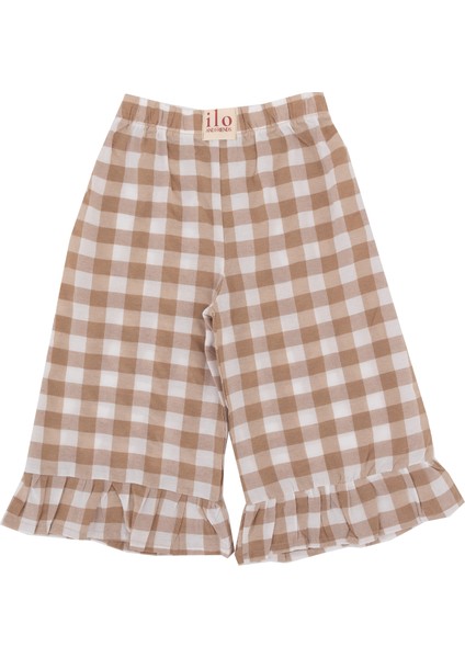 Mabel Krem Beyaz Ekoseli Fırfırlı Geniş Paça Pantolon