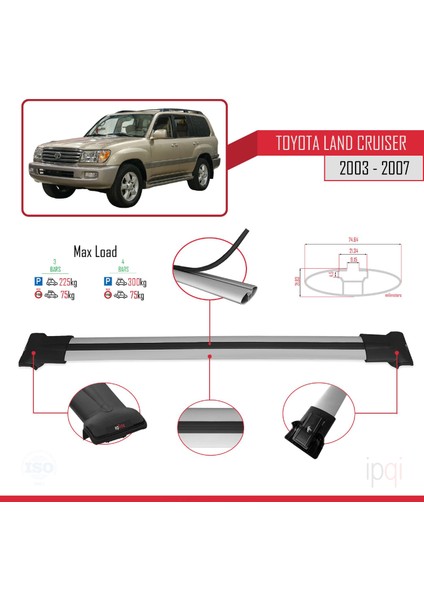 Toyota Land Cruiser (J100) 2003-2007 Arası ile Uyumlu Fly Model Ara Atkı Tavan Barı Gri 3 Adet modelleri