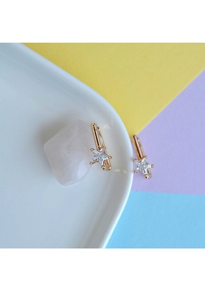 Yıldız Taşlı Kare Küpe Halka Küpe Tektaş Yıldız Detaylı 14 mm