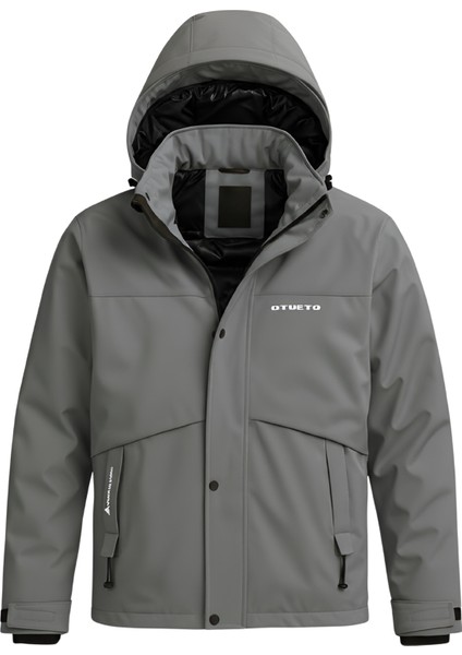 Erkek Gri Su ve Rüzgar Geçirmez Çıkartılabilir Kapüşonlu Softshell Mont&kaban