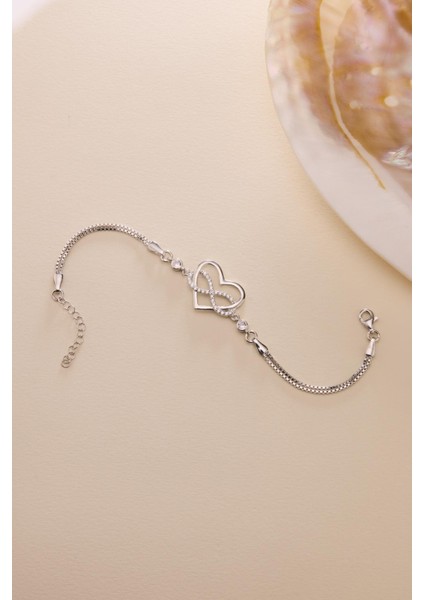 925 Ayar Gümüş Rodyum Kaplama Kalp Sonsuzluk Bileklik