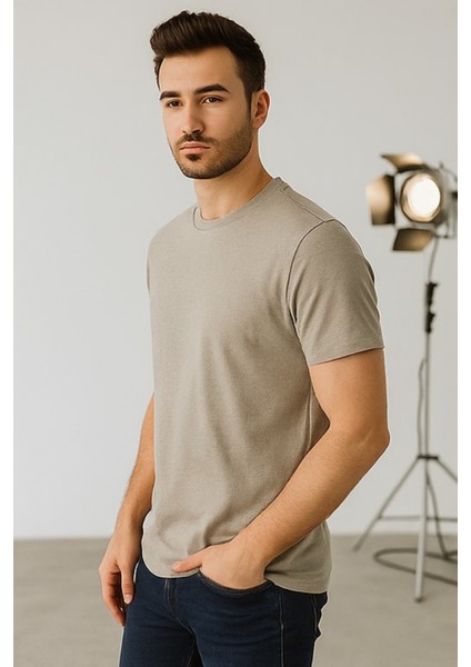 Erkek Haki Bisiklet Yaka Slim Fit Basic Tişört