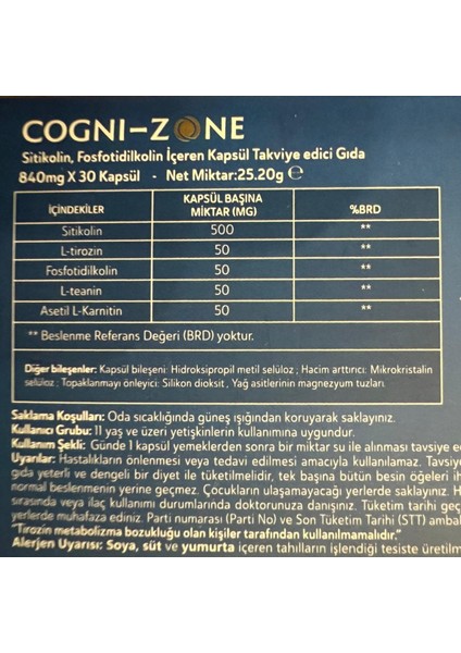 Cognizone 60 Kapsül – Sitikolin (Citicoline) & Fosfatidilkolin Içerikli Nootropik Takviye fiyatları