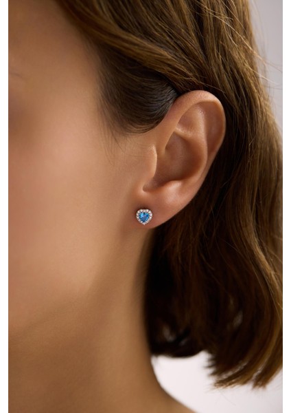 925 Ayar Gümüş Rodyum Kaplama Aquamarin Taşlı Kalp Model Küpe modelleri